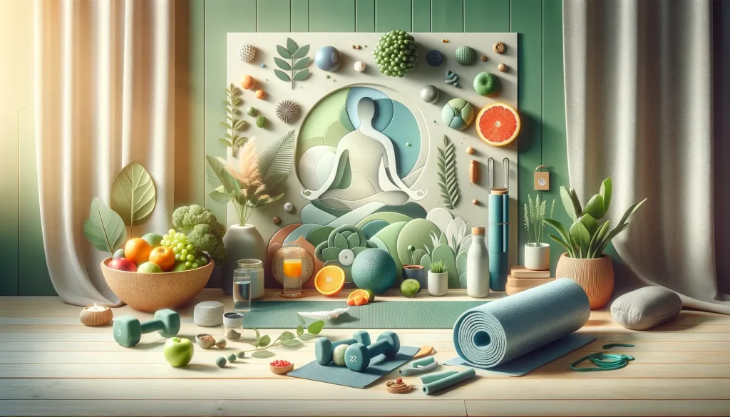 A tranquil and harmonious image depicting elements of health and wellness during recovery, including an array of fruits and vegetables, dumbbells, a yoga mat, a meditation cushion, and a water bottle, set in a calm environment with soft lighting and a minimalistic design.