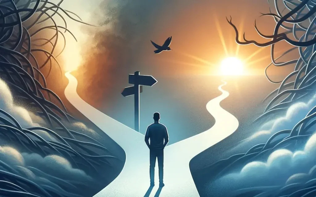 A person at a crossroads, symbolizing the choice between a dark path of addiction and a brighter path of recovery, with a serene sunrise.