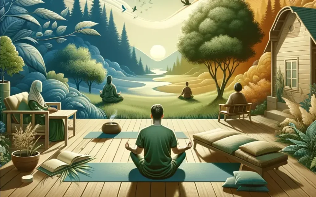 A serene and realistic scene depicting self-care activities in a sober living environment, with a focus on calmness and healing.