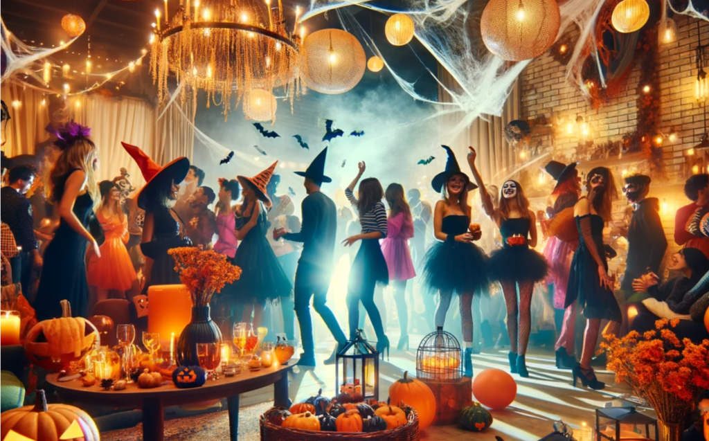 A vibrant Halloween party with people in colorful costumes, surrounded by festive decorations like pumpkins and cobwebs.