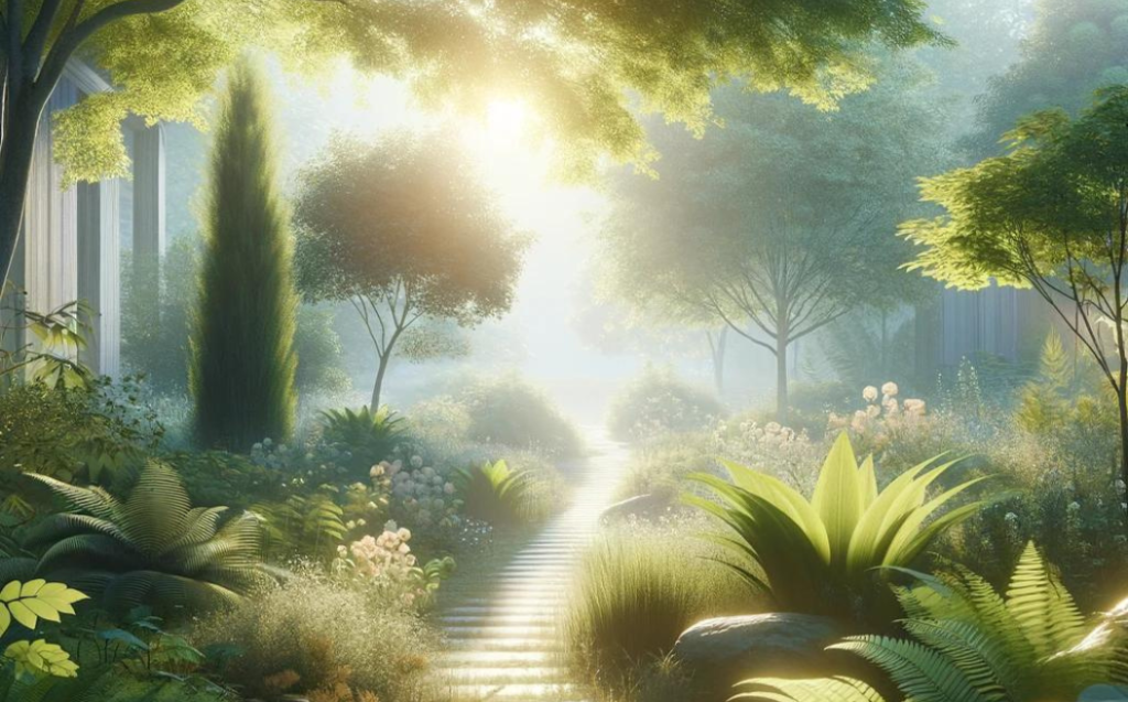 A serene and supportive environment symbolizing growth and recovery, depicted through a tranquil outdoor scene emphasizing healing and progress.