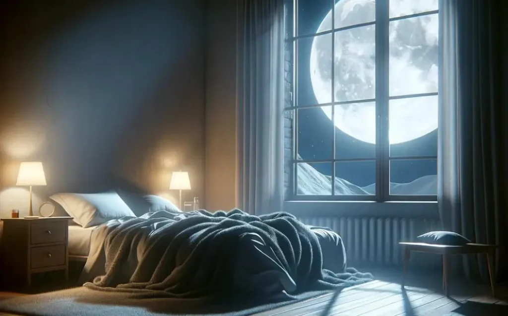 Serene bedroom at night, illuminated by moonlight, symbolizing reflection and emotional healing in addiction recovery.