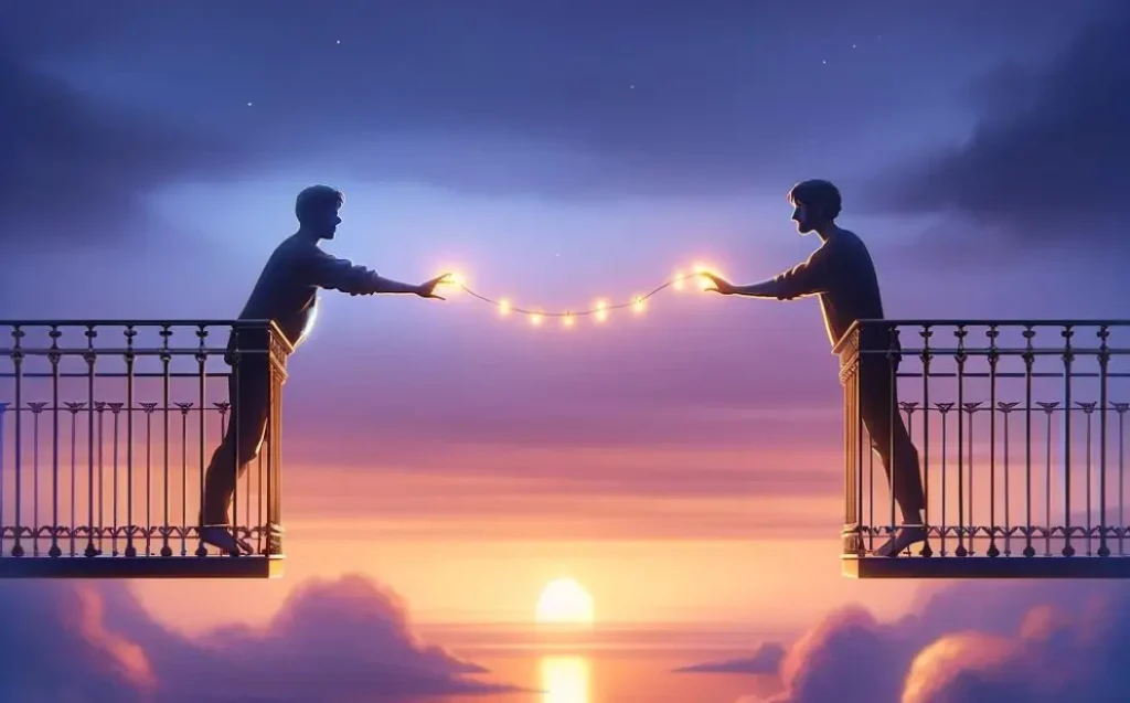 Two silhouettes connecting across balconies with a string of lights at sunset, symbolizing hope and unity.